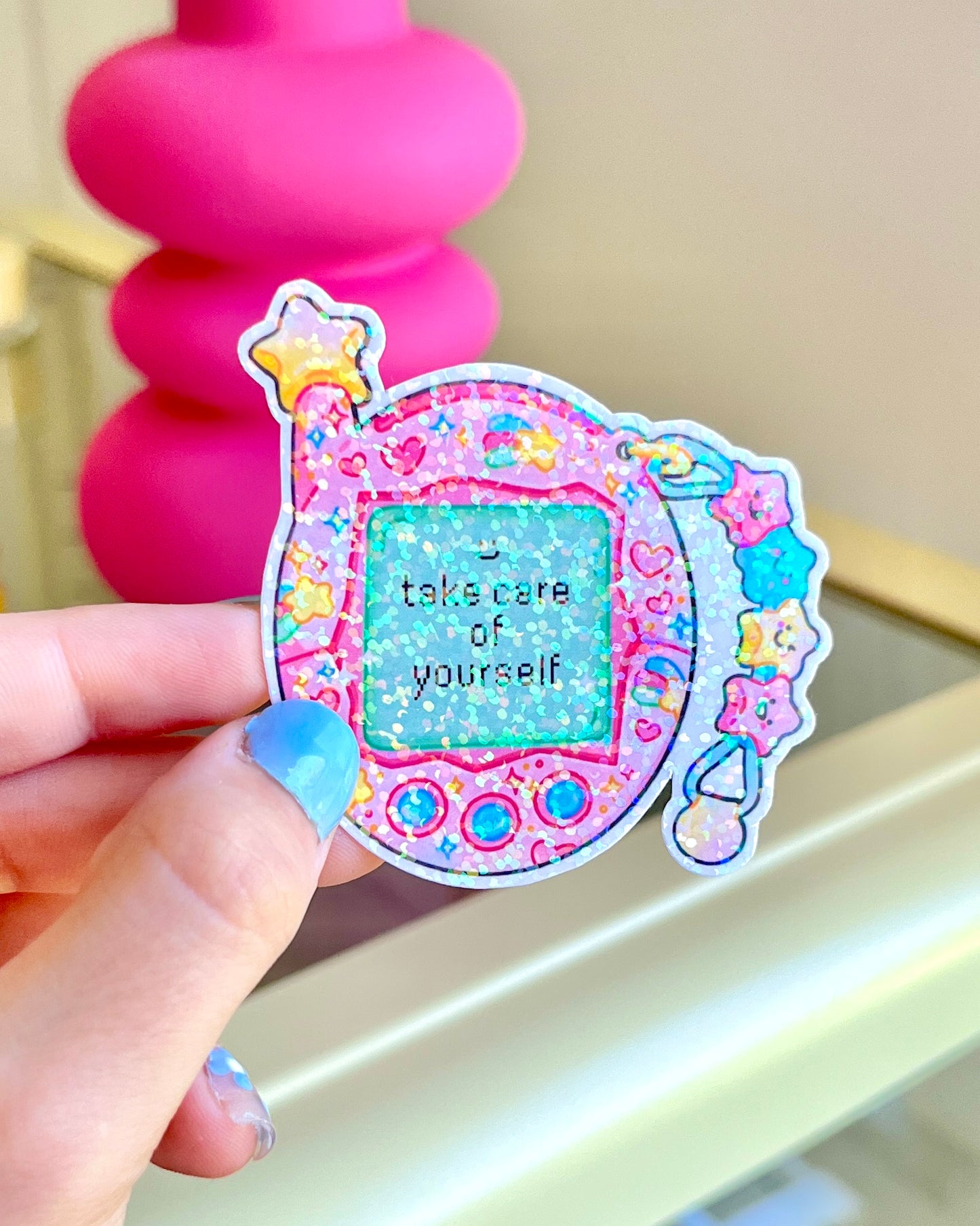 Tamagotchi Pink - Holographic Die Cut sticker